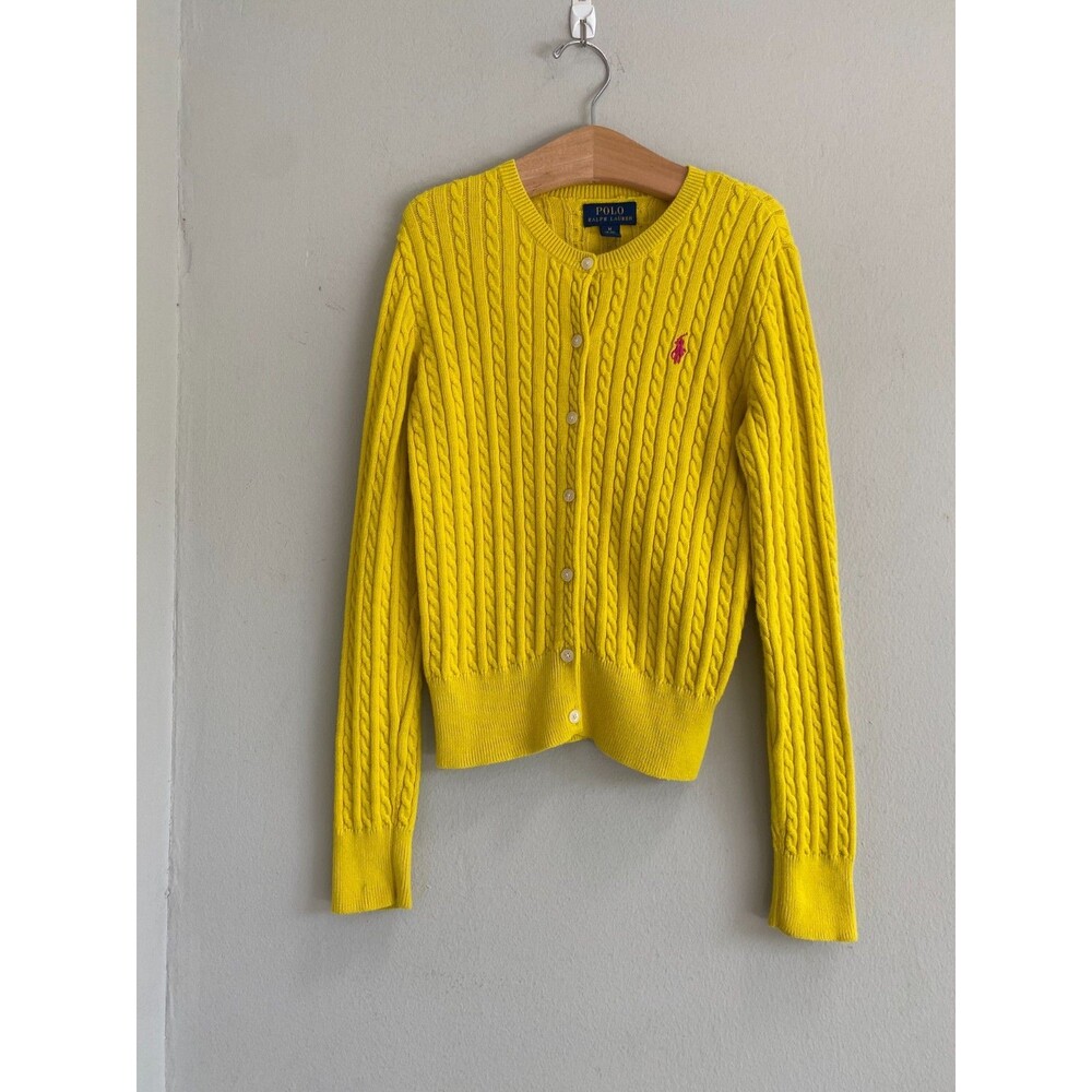 Polo Ralph Lauren Sweater Girls M Yellow Cable Knit Button Front Cardigan Logo
